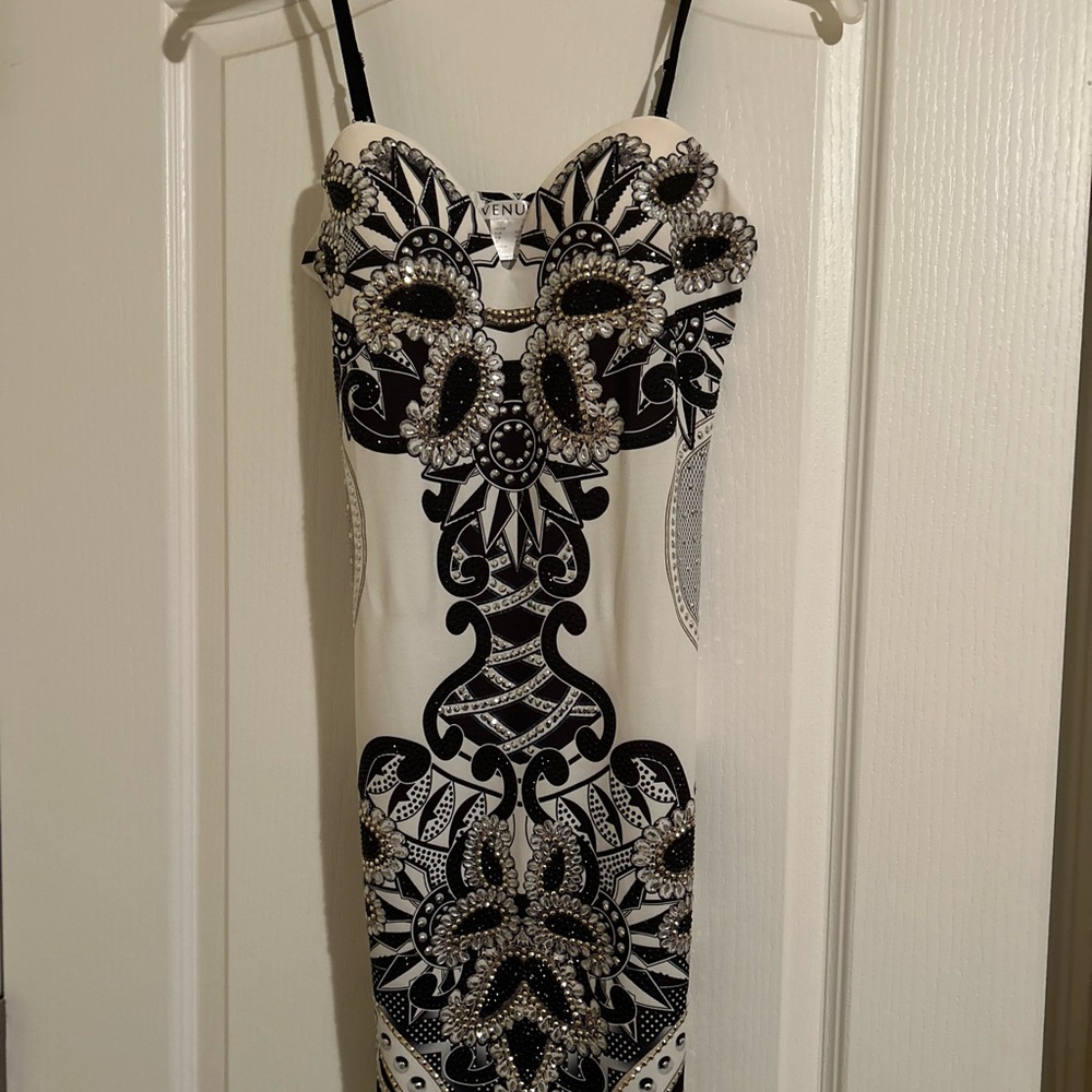 VENUS Black and White Embellished Mini Dress